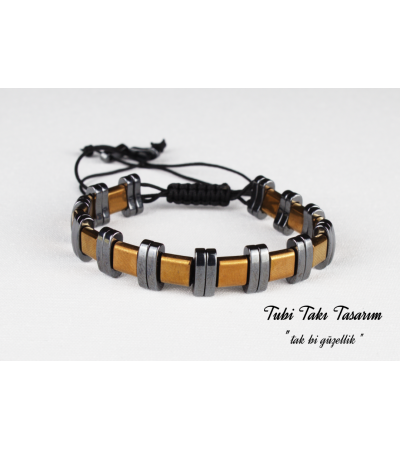 Doğal Taş Hematit Erkek Makrome Bileklik - B-3403-1