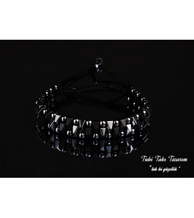 Doğal Taş Hematit Erkek Makrome Bileklik - B-3411-1