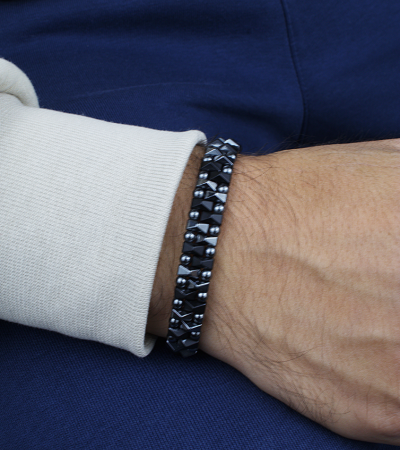 Doğal Taş Hematit Erkek Makrome Bileklik - B-3411-1