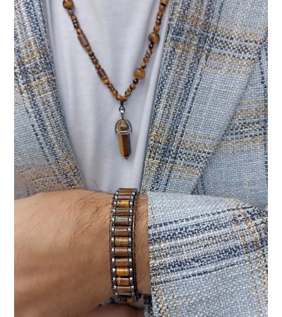 Doğal Taş Kaplan Gözü  Erkek Bileklik Kombin -  B-3527-1