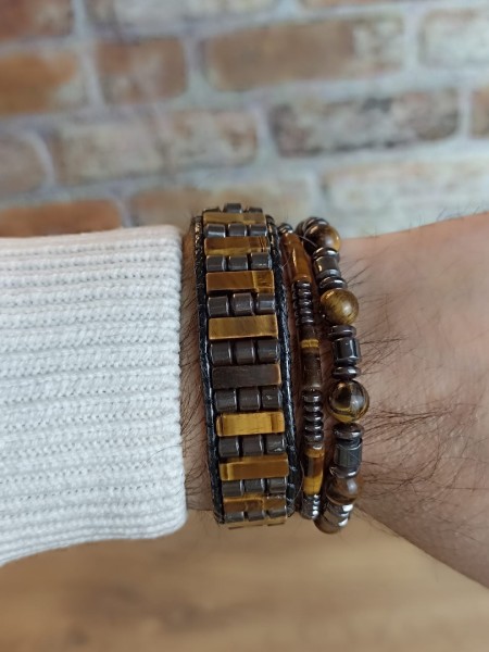 Doğal Taş Düğmeli Kaplan Gözü&Hematit Erkek Bileklik - B-3452-1 