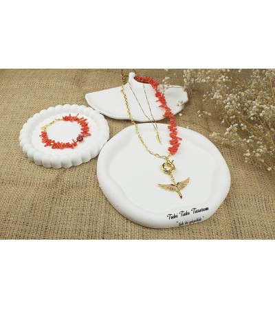 Doğal Taş Kırmızı Mercan 3'lü Kolye Seti -K-3411-1 