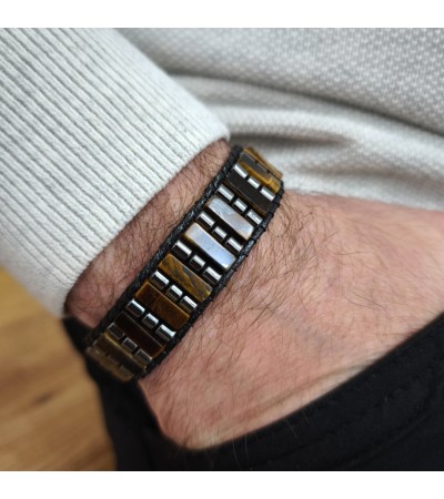 Doğal Taş Düğmeli Kaplan Gözü&Hematit Erkek Bileklik - B-3452-1 