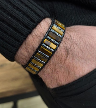 Doğal Taş Kaplan Gözü&Hamatit Erkek Bileklik - B-3434-1