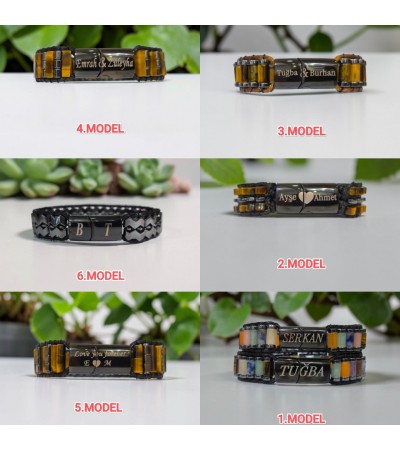 Doğal Taş Düğmeli Varasit&Kaplan Gözü Erkek Bileklik - B-3447-1 